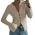 thumbnail image 2 of Lovskoo Cropped Cardigan Sweaters for Women Open Front Casual Long Sleeved with Flared Sleeves Basic Knit Tops Beige, 2 of 5