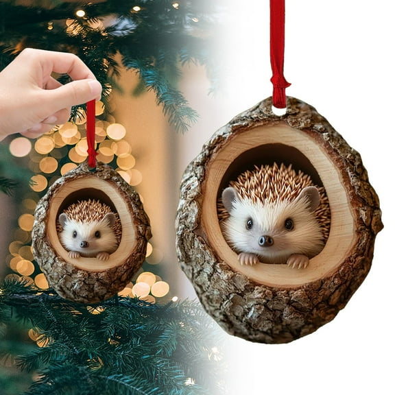 Hedgehog Christmas Tree Ornament - Wood-Cut Inspired 2D Acrylic Hanging Decor, Easy-to-Hang Gift for Animal Lovers