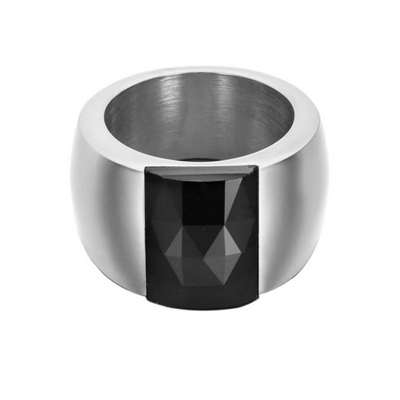 PAURO Women's Stainless Steel Gemstone Statement Ring Chunky Vintage Dome Wedding Band Silver Black Size 7