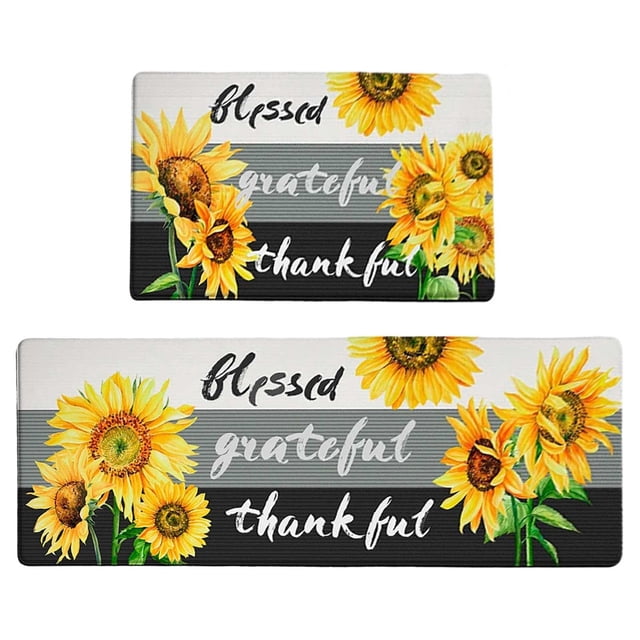 Cartoon Flower Print Kitchen Rug - Floral Chrysanthemum Patterned Floor Mat for Living Room Hallway and Entryway with Non- Backing and Absorbent Comfort 2PCS