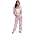 thumbnail image 5 of Women's Summer Satin Pajama Set Short Sleeve V Neck T-shirt with Long Pants 2 Piece Sleepwear Loungewear Pjs Set Soft PJs, S-2XL, 5 of 7