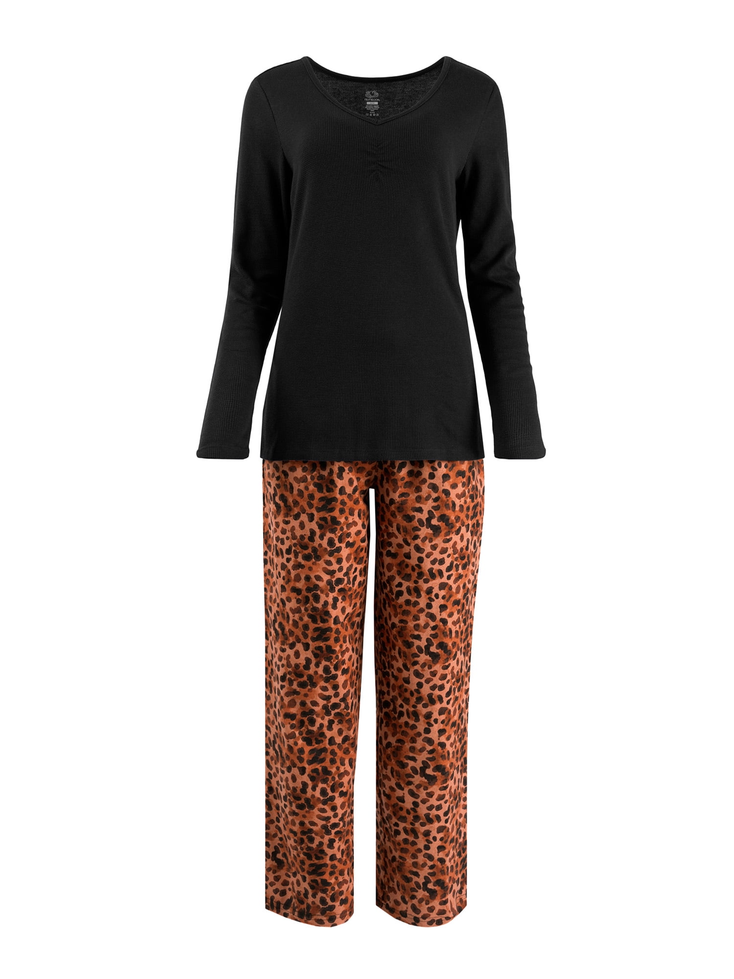 Fruit of the Loom Women's Beyond Soft Long Sleeve Waffle Top and Flannel Bottom Pajama Set, Sizes S-4X