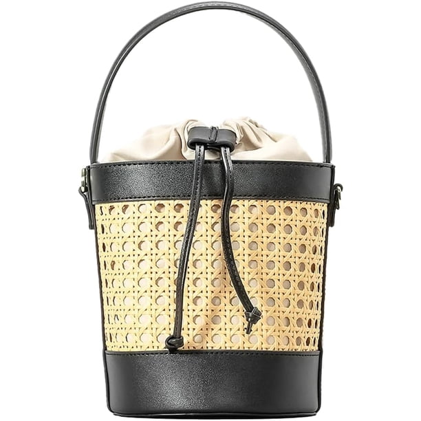 LHSHIDU Rattan Straw Tote Bucket Bag for Women - PU Leather Summer Beach Holiday Purse