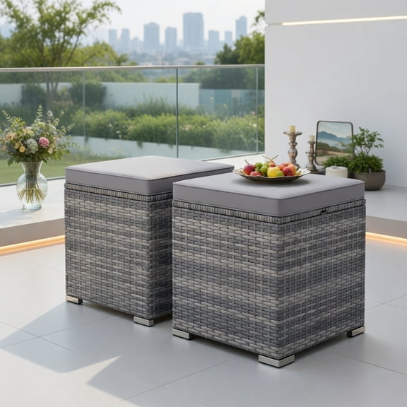 Spaco Set of 2 Patio Storage Ottomans, Outdoor Foot Stools with Hidden Internal Storage Space, Mix Grey grey