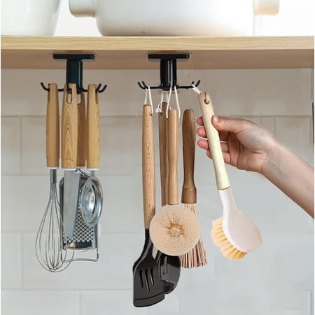 2pcs Under Cabinet Kitchen Utensil Rack,360° Rotating Under Shelf Kitchen Utility Hooks,Adhesive Kitchen Utensil Tools Storage Holder,Black