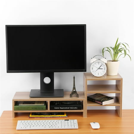 - HURRISE Computer Laptop Monitor Riser Stand Desktop Wooden Storage Organizer 3 Layer Shelf (Light Walnut)