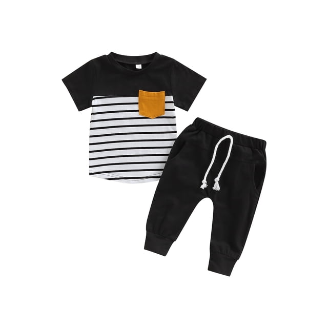 Faithtur Ensemble 2 Pcs pour Garçons Tout-Petits, T-Shirt à Manches Courtes Col Rond Rayé + Pantalon Long Uni Ensemble d'Été