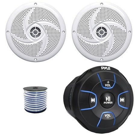Pyle PLMRBT18 Bluetooth Audio Amplified Marine Waterproof Controller, Pyle PLMRS5W 5.25" 180 Watts Max Power 2-Way Low Profile Slim Style Boat Audio White Speakers (1 Pair), 50 Feet 18G Speaker Wire
