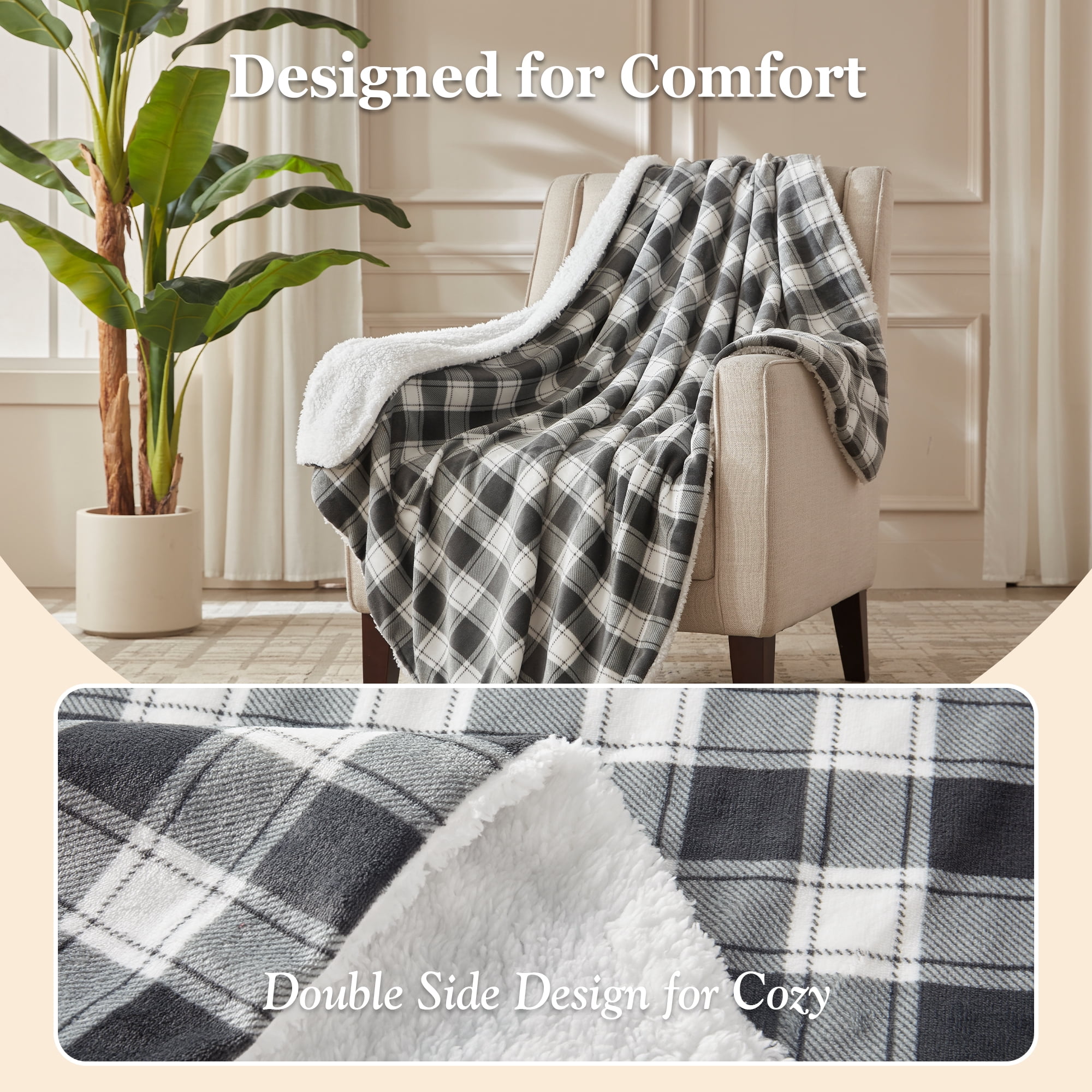 COZY@HOME Electric Blanket, Sherpa and Flannel Throw Size 50"x60", Grey & White Plaid，Fast Heating 6 Heating Levels & 4H Auto-Off, Machine Washable