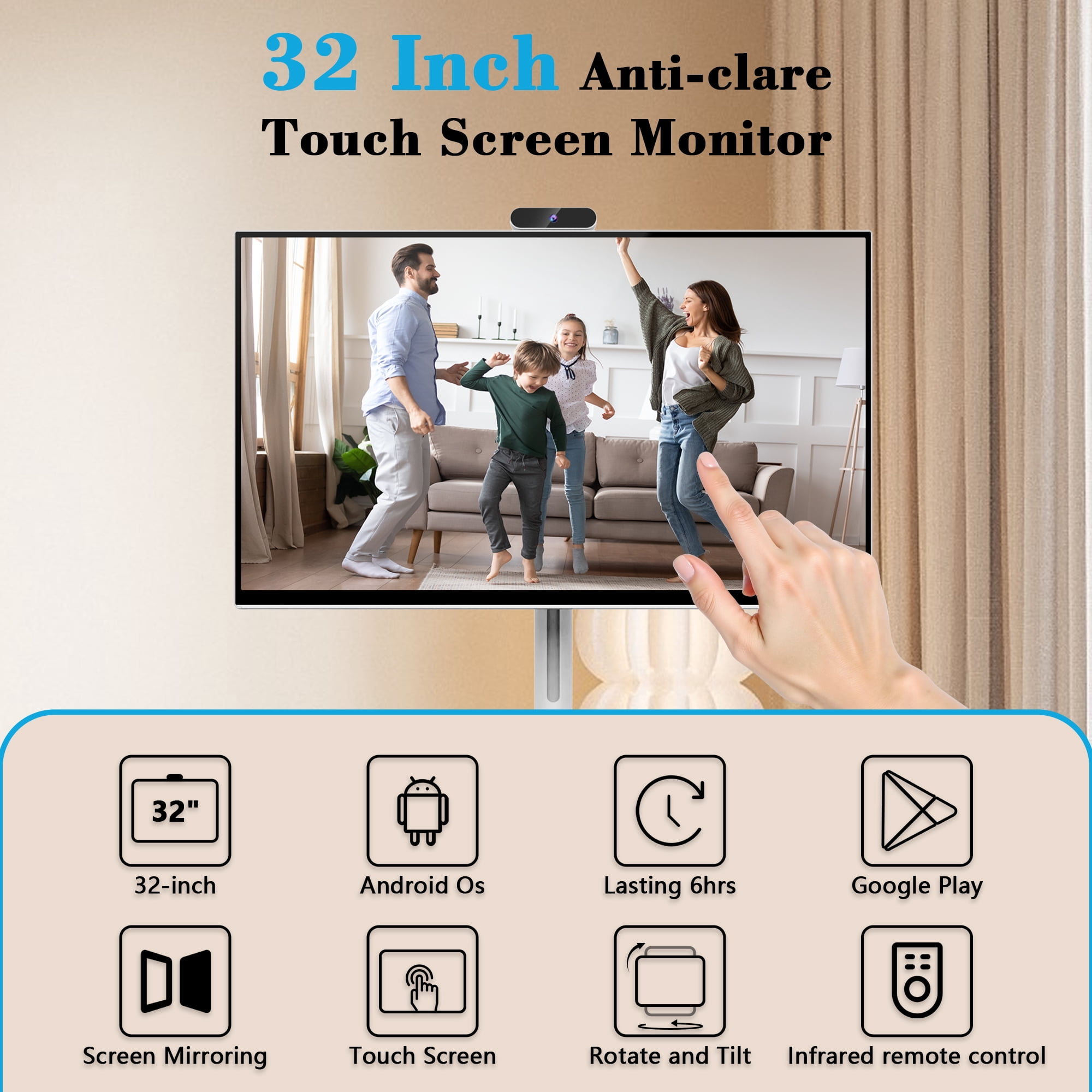 32 Inch FHD Touchscreen Mobile Smart TV, Wireless Projection, Built-in Battery, Portable Smart Display for Home, Office, Classroom