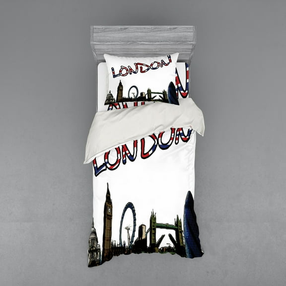 London Duvet Cover Set, Cartoon Drawing Style Famous Landmarks of London United Kingdom Big Ben Parliament, Bedding Set with Shams and Fitted Sheet, 3 Sizes, by Ambesonne