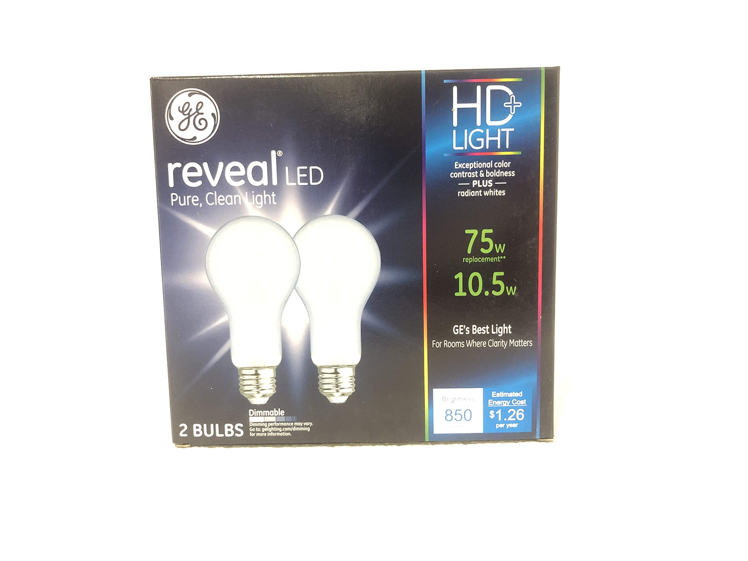 Ge Reveal led HD Light Pure 75w = 10.5w Clean Light Dimmable 2 Bulbs