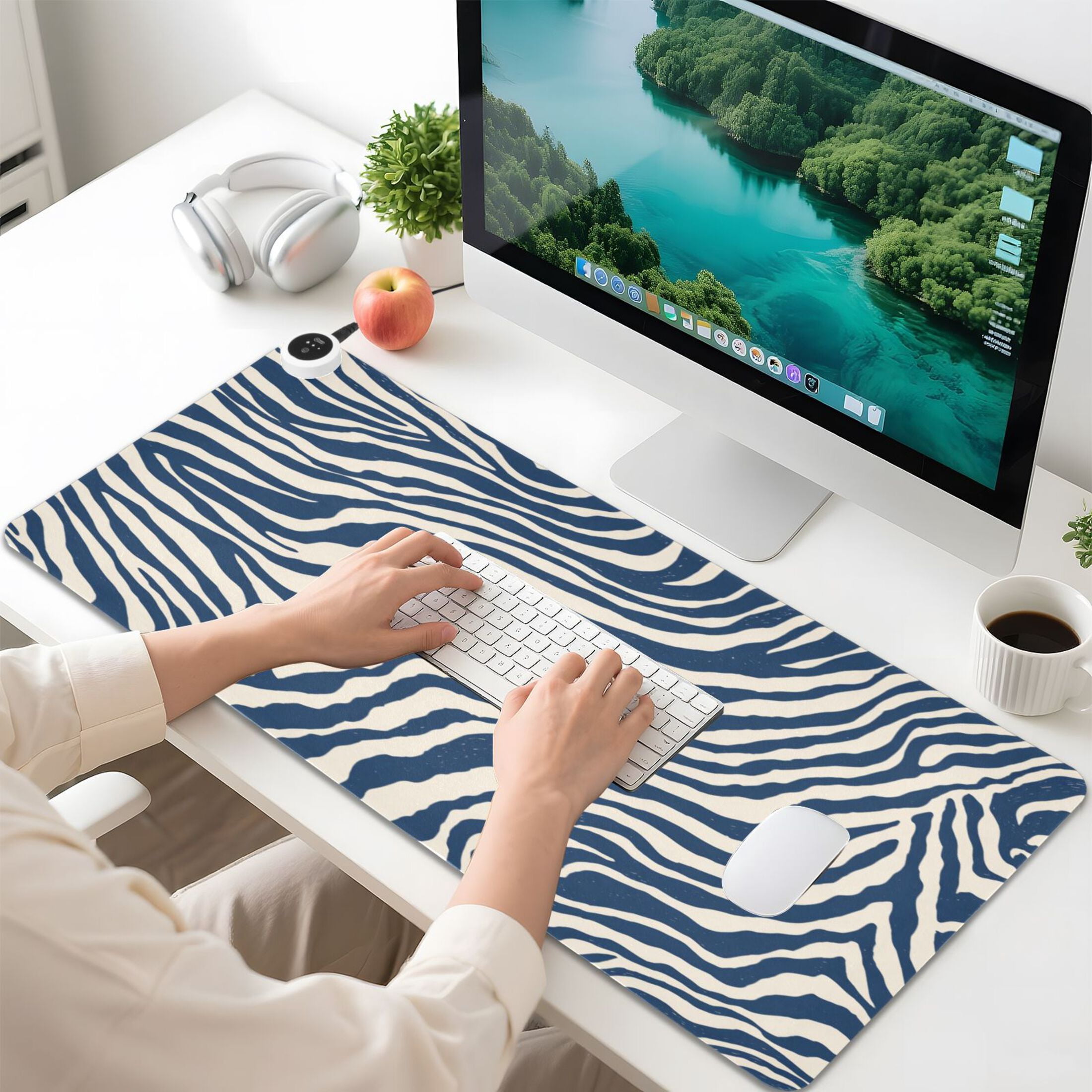 Large Heated Desk Mat Mouse Pad 31.5"x13"PU Leather Graphene Heating Desk Warmer with 3 Temperature Settings 110V US Plug Non-Slip Warm Pad for Home, Office, and Gaming Digital Blue Zebra Stripes