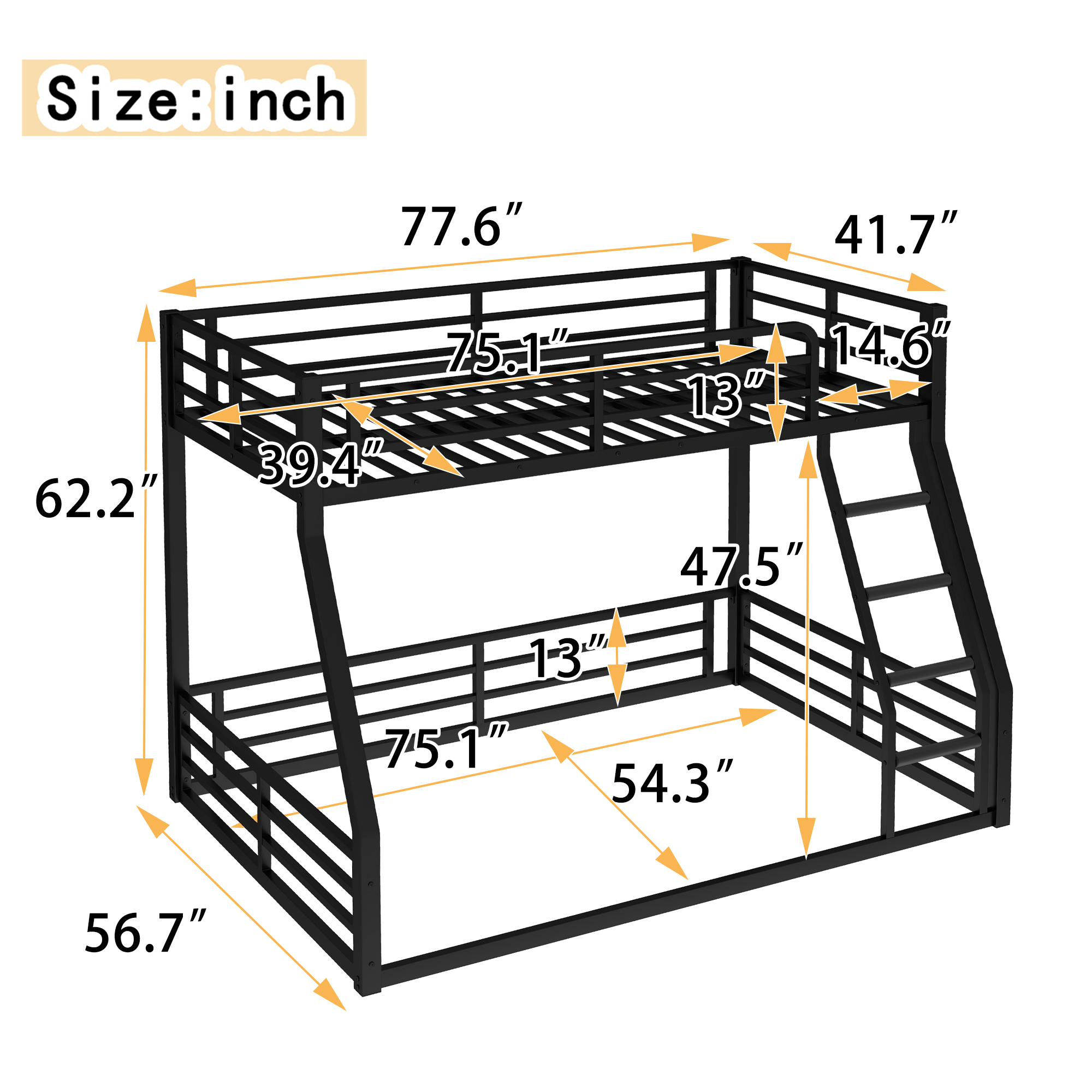 Twin over Full Metal Bunk Bed,Floor Bunk Bed with Sturdy Metal Frame,Noise-reduced Design, Black