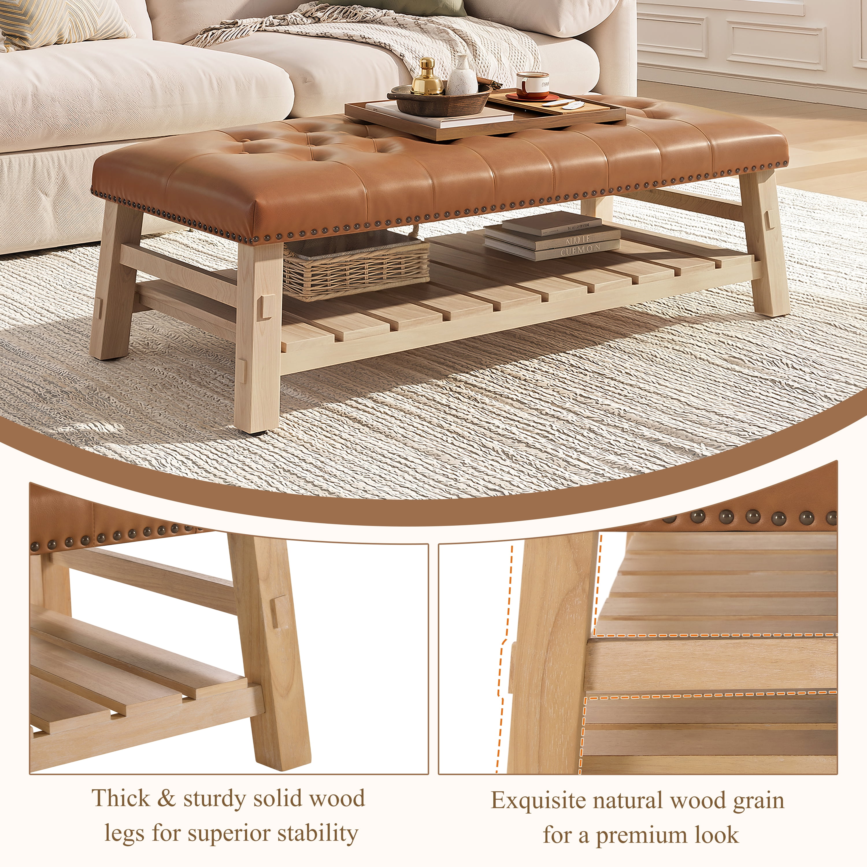 GARITIN Tufted Rectangle Ottoman 48 Inch, Large Upholstered Footstool Coffee Table with Slatted Storage Shelf and Nailhead Trim, Brown