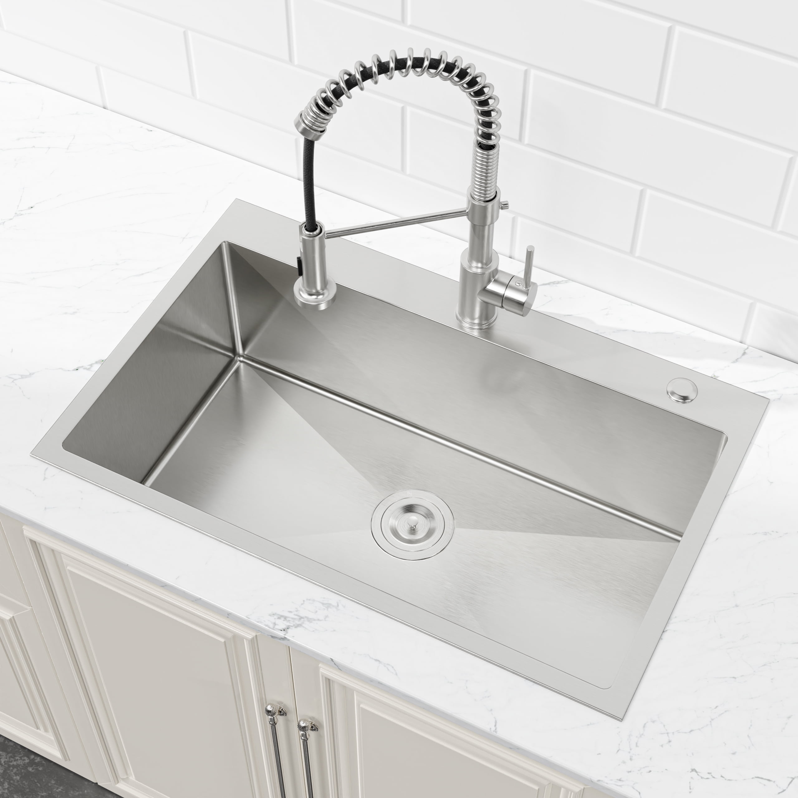 30-inx19-in Brushed Nickel Drop-In Kitchen Sink-Single Bowl 16 Gauge Stainless Steel Topmount Sink with US Drain And Hooks