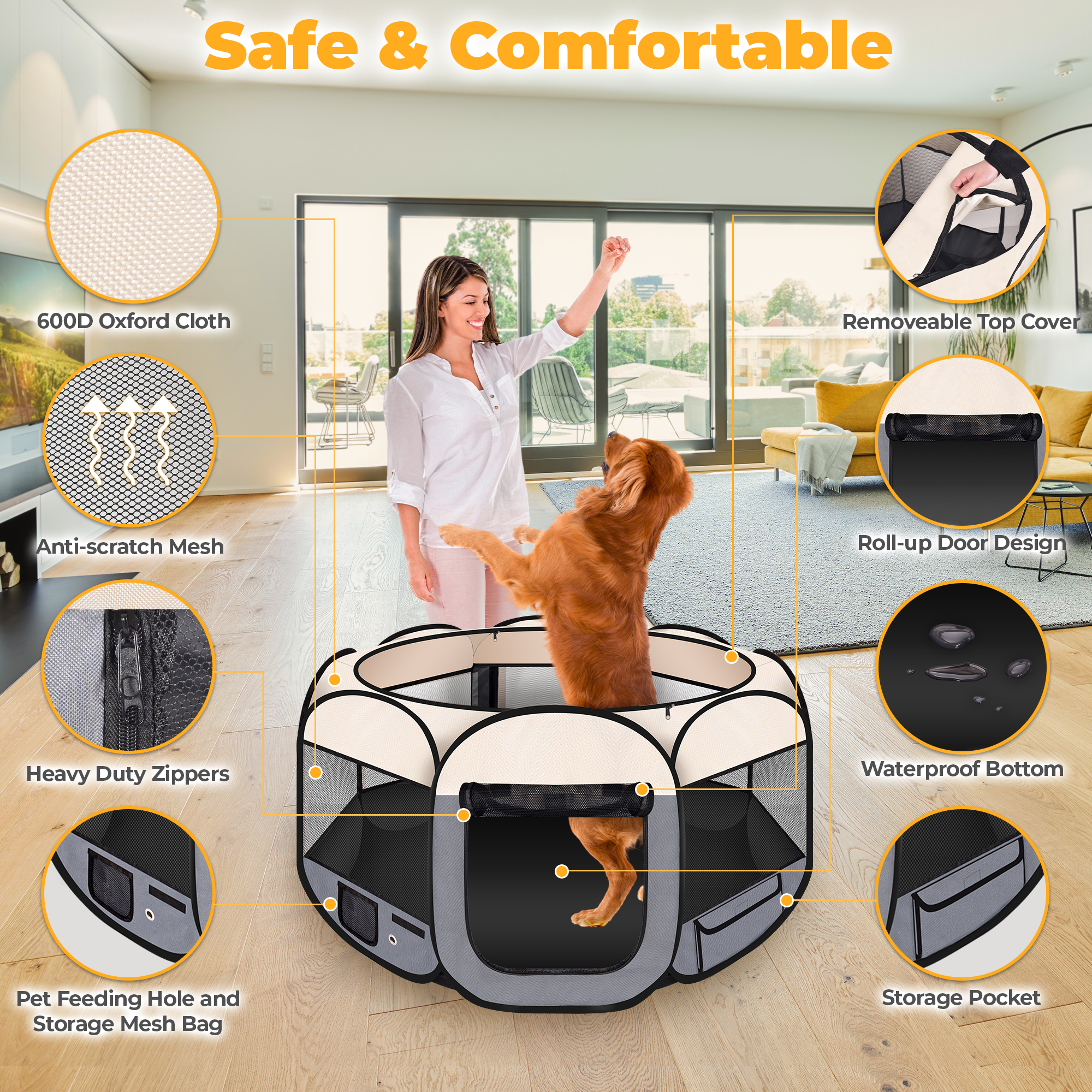 Large Pet Playpen for Dogs & Cats, 45"/ 114CM Diameter 23"/60CM Height Pet Playpens Foldable Portable Indoor Outdoor Exercise Pen with Carrying Case for Cat Puppy Rabbit, Gray