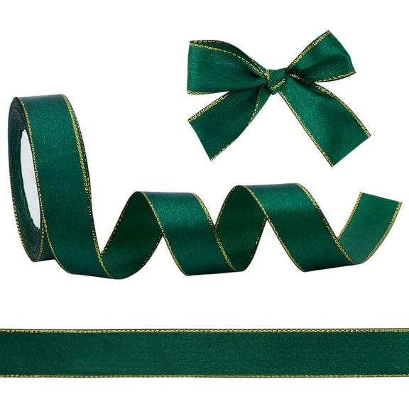 2rolls 48 Yards(43.89m) Double Face Green Ribbon with Gold Edges 1inch Gold Edges Satin Ribbon Border Fabric Ribbons