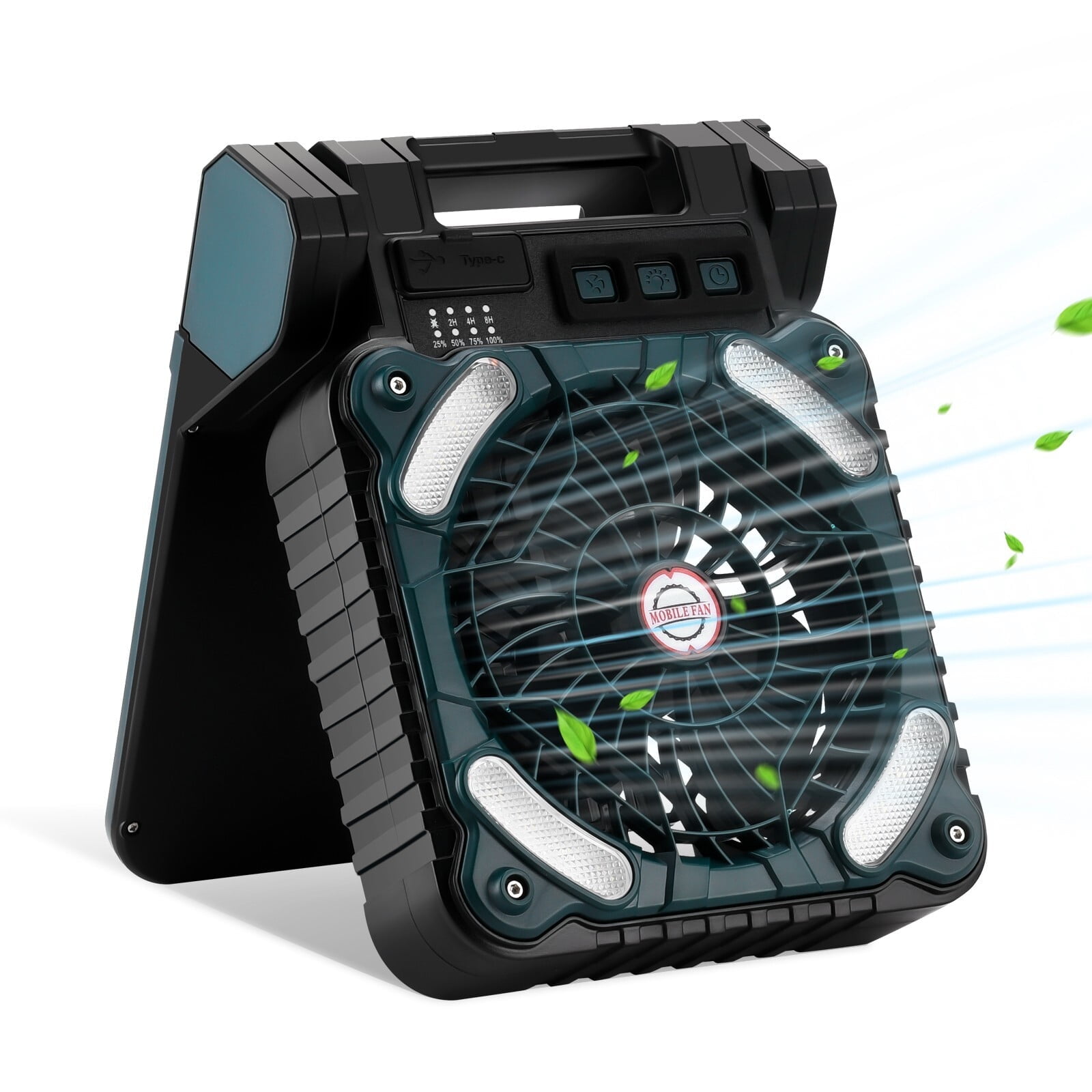 Solar Camping fan, Camping Fan with Solar Panel, LED Ligh, 4 Speeds USB Rechargeable Solar Powered Fan for Camping Fishing Travel