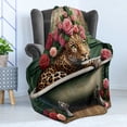 thumbnail image 3 of Ambesonne Leopard Fleece Throw Blanket English Roses Wild Animal 50"x60" Reseda Green and Pink, 3 of 5