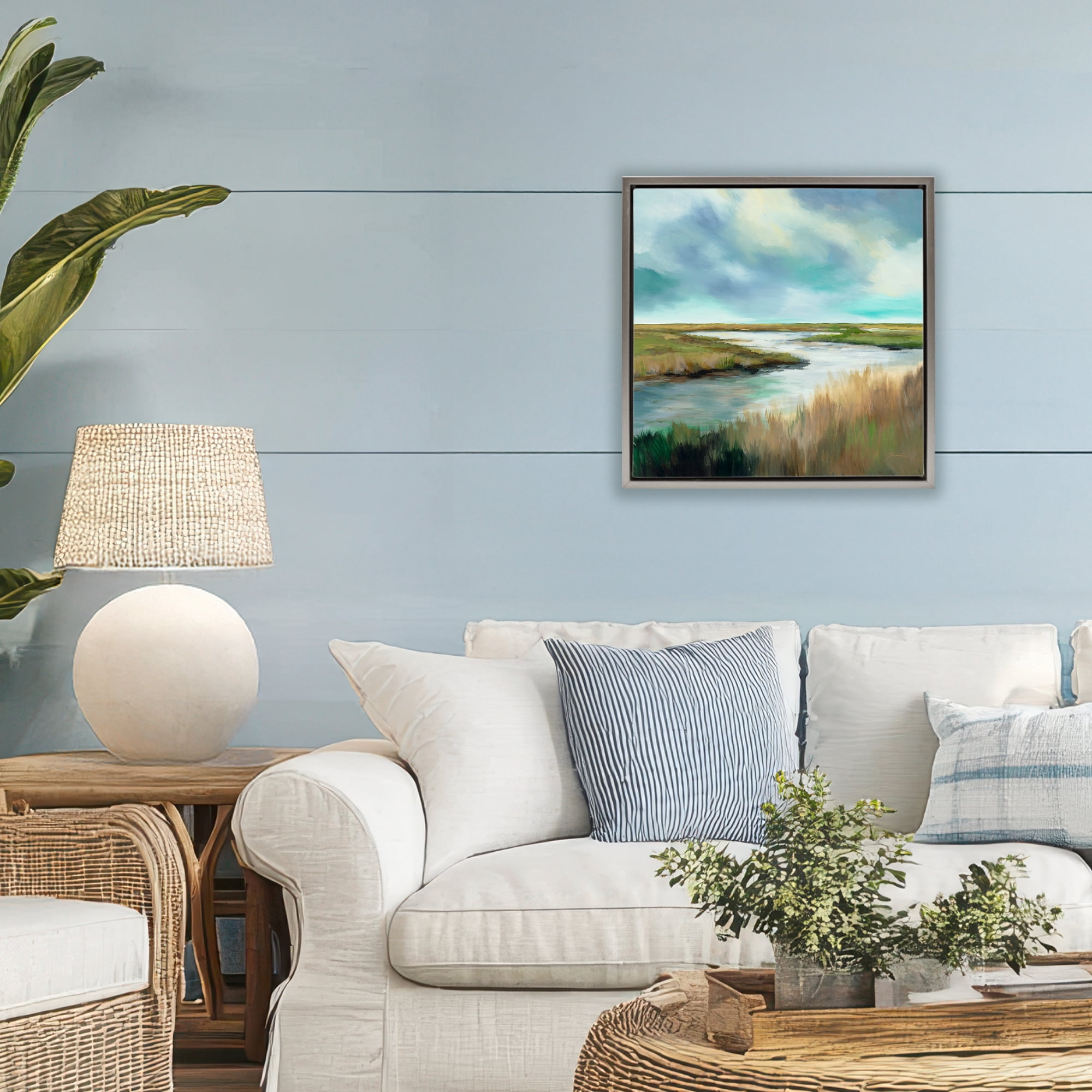 Stupell Industries Tranquil Meadow and Wetlands Gray Framed Floater Canvas Wall Art, design by Liz Jardine