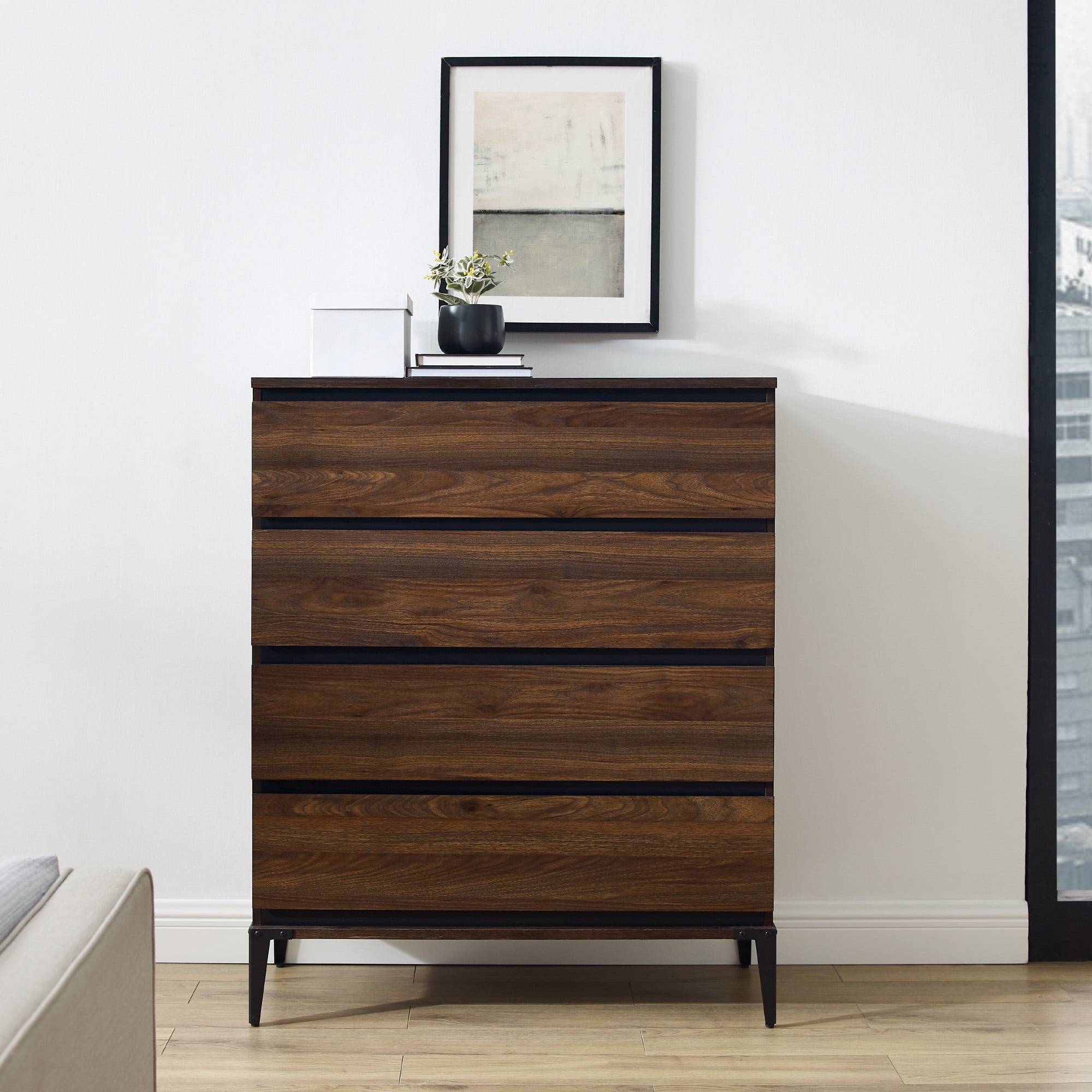 Walker Edison Urban Industrial 4 Drawer Vertical Dresser, Dark Walnut