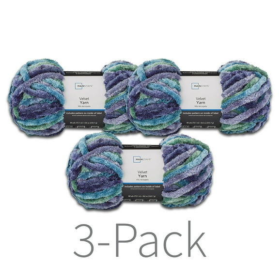 Mainstays Velvet Yarn, 80 yd, Multi Blue, 100% Polyester, Super Bulky, Pack of 3