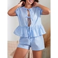 thumbnail image 3 of Musuos Women’s Summer Casual 2 Piece Outfits Puff Sleeve Tie Knot Front Tops + Elastic Waist Shorts Set Loungewear, 3 of 10