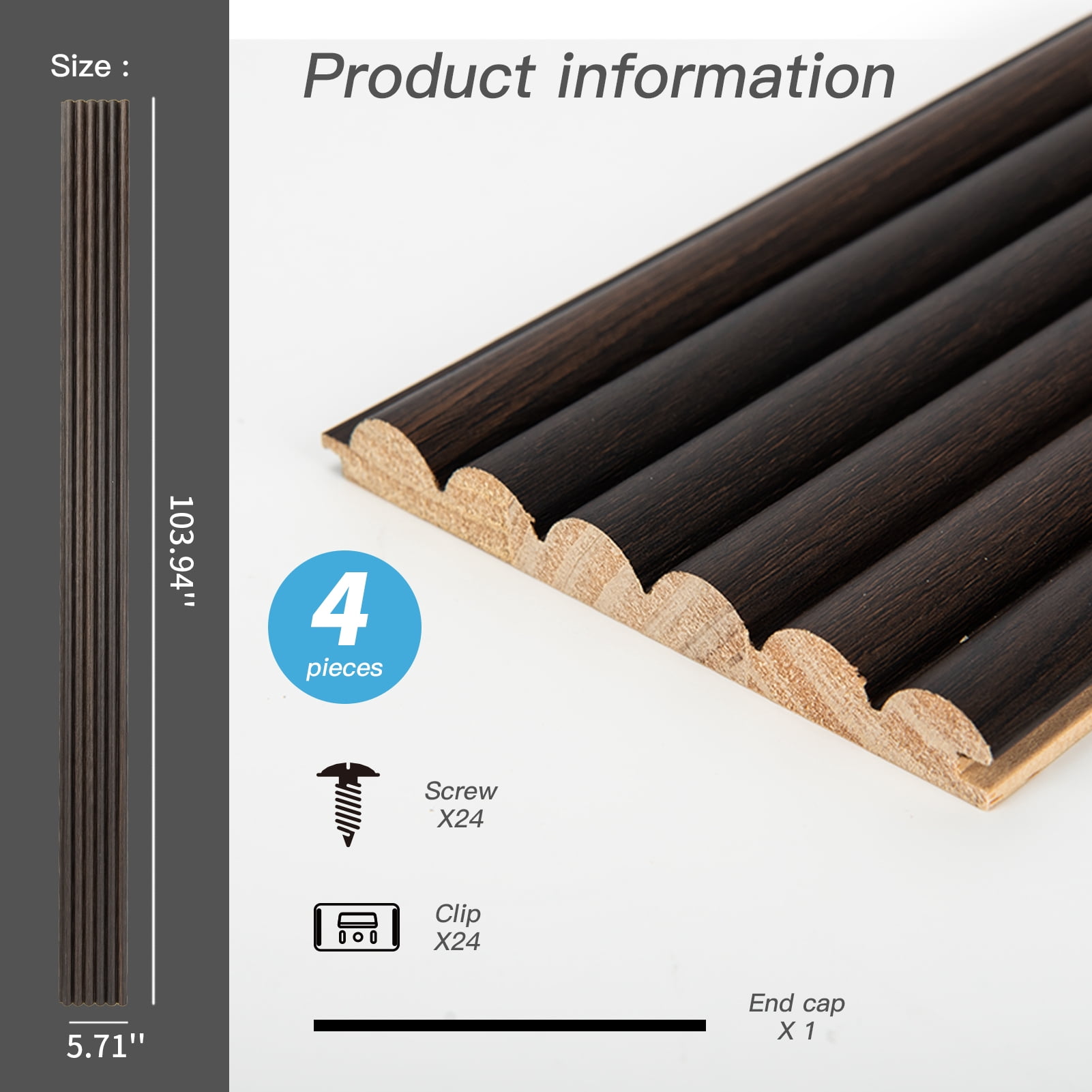 4PCS 103.94''x 5.71' Fluted Wall Paneling , Textured Wood Accent Paneling for Ceiling & Wall Decor,Smoked Oak