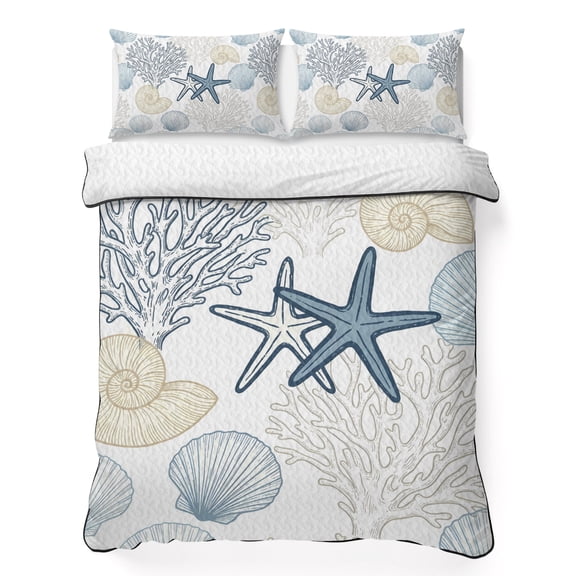 Quilts Twin Size Bedding Set, Blue Coastal Lightweight Quilted Comforter, Summer Beach Starfish Coral Shell Nautical Soft Reversible Bedspread Coverlet with Pillow Covers for All Season, 68" x 86"