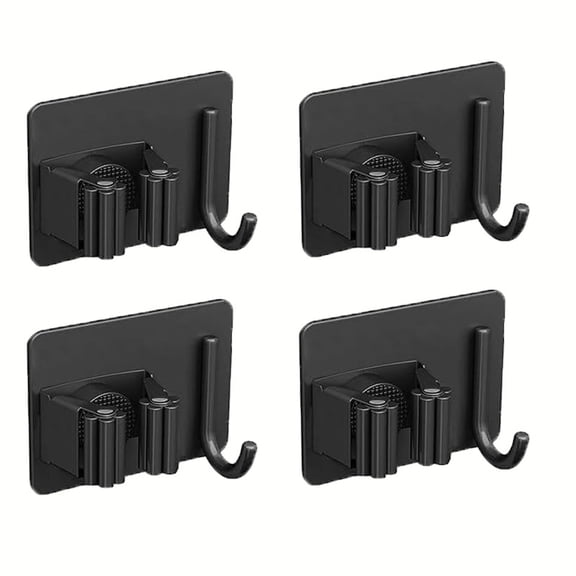 Mop Broom Holder No Drill, Mop Broom Organizer Wall Mounted Heavy Duty with Hooks Hanger, Self Adhesive Stainless Steel 4pcs for Bathroom, Kitchen, Office