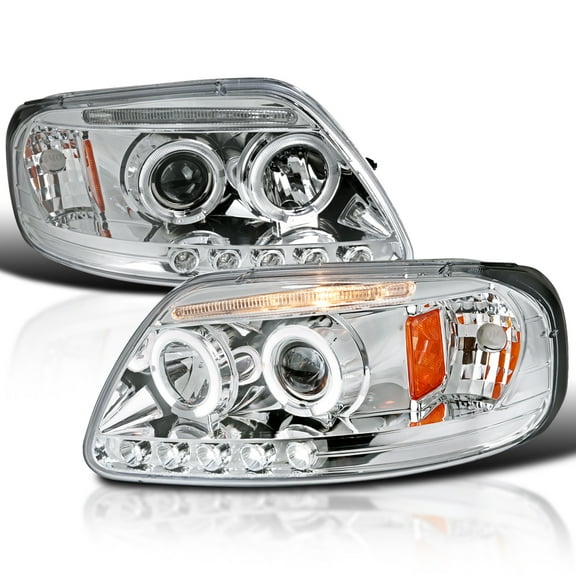 Spec-D Tuning Chrome Housing Clear Lens Projector Headlights Compatible with 1997-2003 Ford F150, 2004 Ford F150 Heritage, 1997-2002 Ford Expedition, Left Right Pair Headlamps Assembly