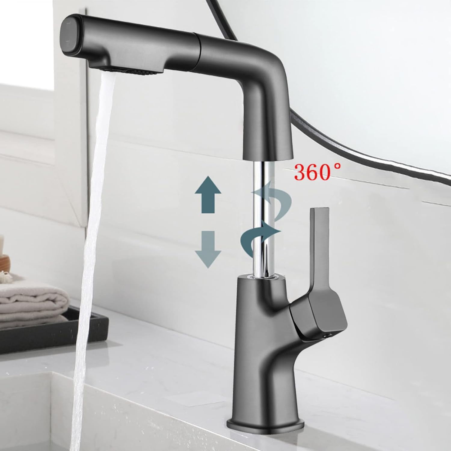 Bathroom Sink Faucet with Pull Out Sprayer, Single Hole Faucet for Bathroom Sink Brass, with 2 Modes Pull Down Sprayer, Bathroom Basin Faucet for Hot and Cold Water,Black
