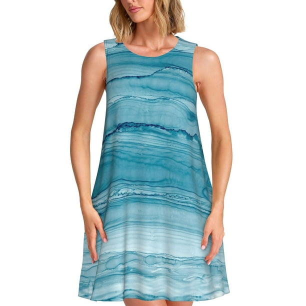 Fotbe Teal Turquoise Fluid Stripes Vestido de Verano sin Mangas para Mujer – Vestido Midi Línea A, Estilo Camiseta Floral, Vestido Playero Casual y Fluido