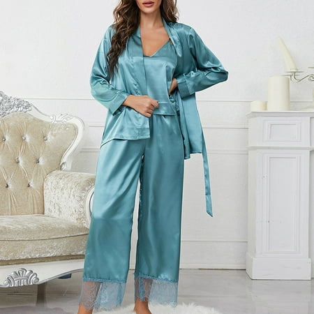 

Yuwegr Pajamas Loungewear Nightgowns for Women Silk Satin Three Piece Sleepwear Pajama Sets Top and Pants Mint Green M