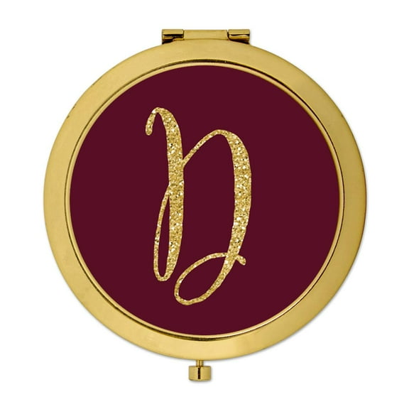 Koyal Wholesale Gold Compact Mirror Bridesmaid's Wedding Gift, Burgundy Maroon Jewel Tone , Monogram Letter D, 1-Pack