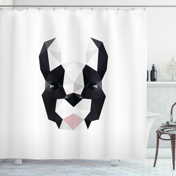 Boston Terrier Shower Curtain, Geometric Art Low Poly Modern Flat Design of Mosaic Terrier, Fabric Bathroom Set with Hooks, 69W X 70L Inches, Pale Grey Balck and White, by Ambesonne