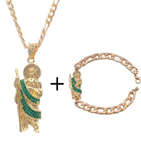 San Judas Tadeo Pendant Necklace Women with rhinestone Men Saint Jude Thaddeus 14K White Gold Religious Jewelry