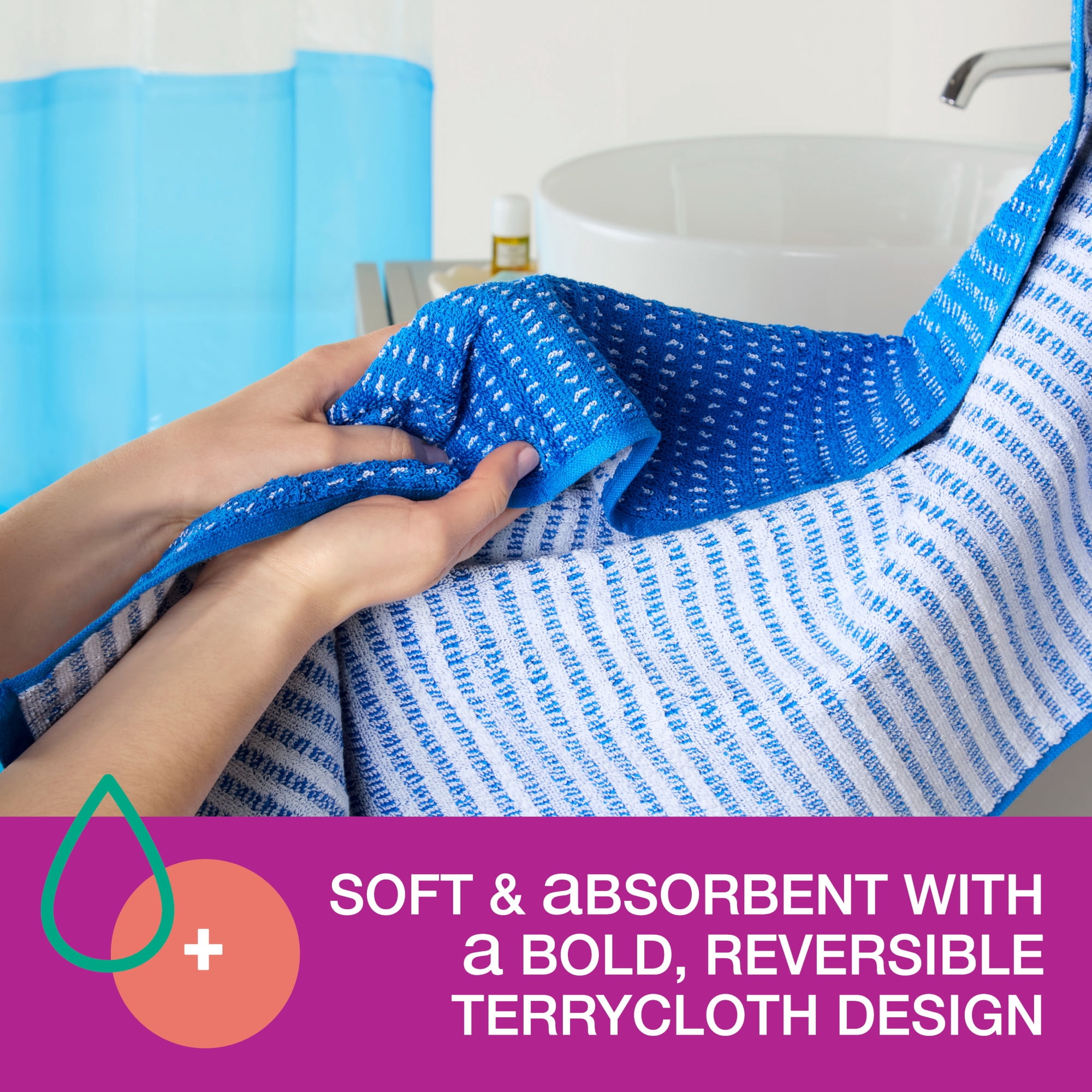 TOWN & COUNTRY PLAY 4-Piece Striped Reversible Terry Brights Bath Towel Set, 30"x58", 100% BCI Cotton, Plush & Absorbent 550GSM, Ocean Blue