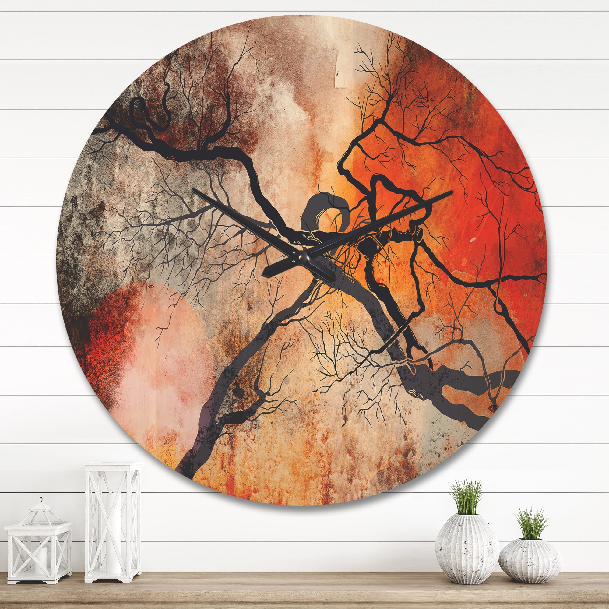 Designart 'Red Sun With Surrealistic Trees' Modern Wood Wall Clock