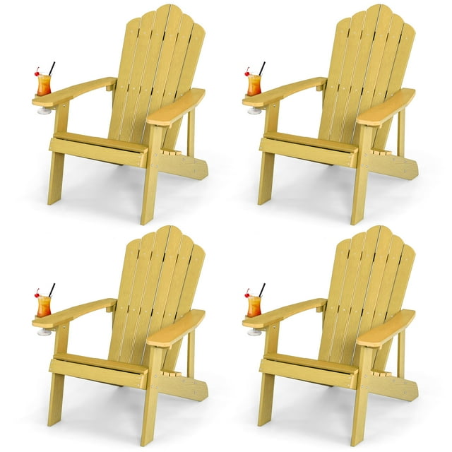 Patiojoy Chaise Adirondack 4 Pcs Hanches Chaise Adirondack avec Porte-Gobelet Grain de Bois Réaliste Chaise d'Extérieur Résistante aux Intempéries pour Capacité de Poids de 380 Lb Jaune