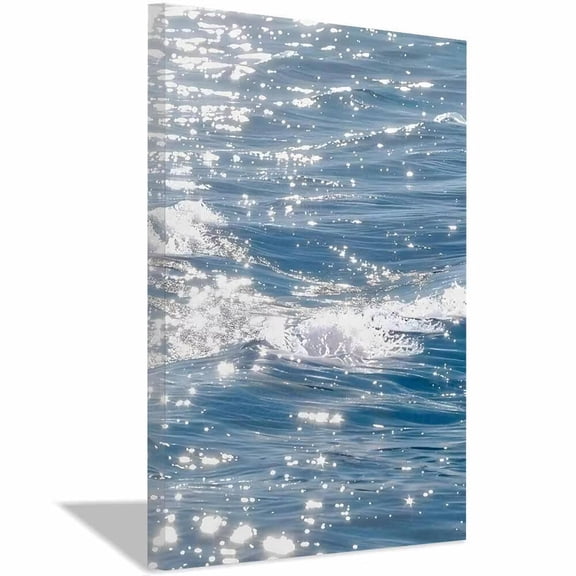 Bright Blue Ocean Sparkle Canvas Wall Art,Shimmering Water Prints Painting,Minimalist Modern Wall Decor for Living Room Bedroom Office Home Decor,Framed Ready to Hang-12"L x 8"W