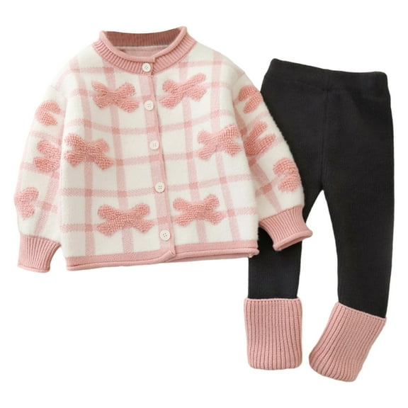VNKIDY Girls Outfits Autumn Winter Children Kids Warm Outfit Long Sleeve Crewneck Button Down Coat Relaxed Fit Pants Set For Cold Weather Soft Outfits