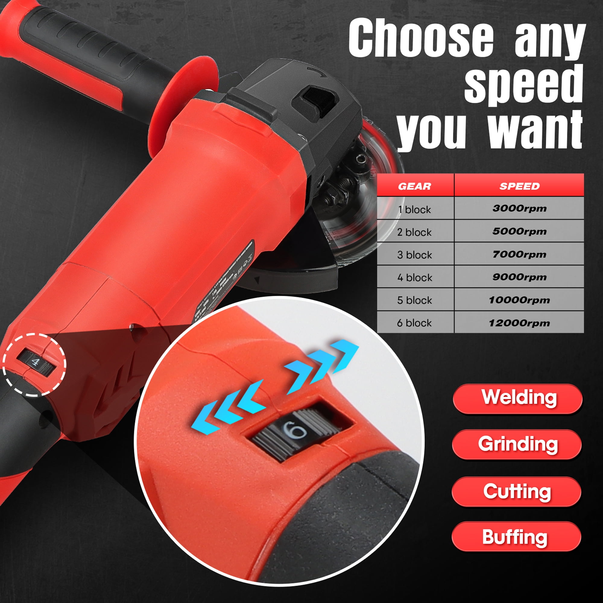 SHALL Angle Grinder Tool 7.5Amp 4-1/2 Inch, 6-Variable-Speed Grinders Power Tools, Electric Metal Grinder 12000 RPM w/ 2 Safety Guards, Cutting Wheels, Flap Discs, Non-Slip Handle for Metal/Wood