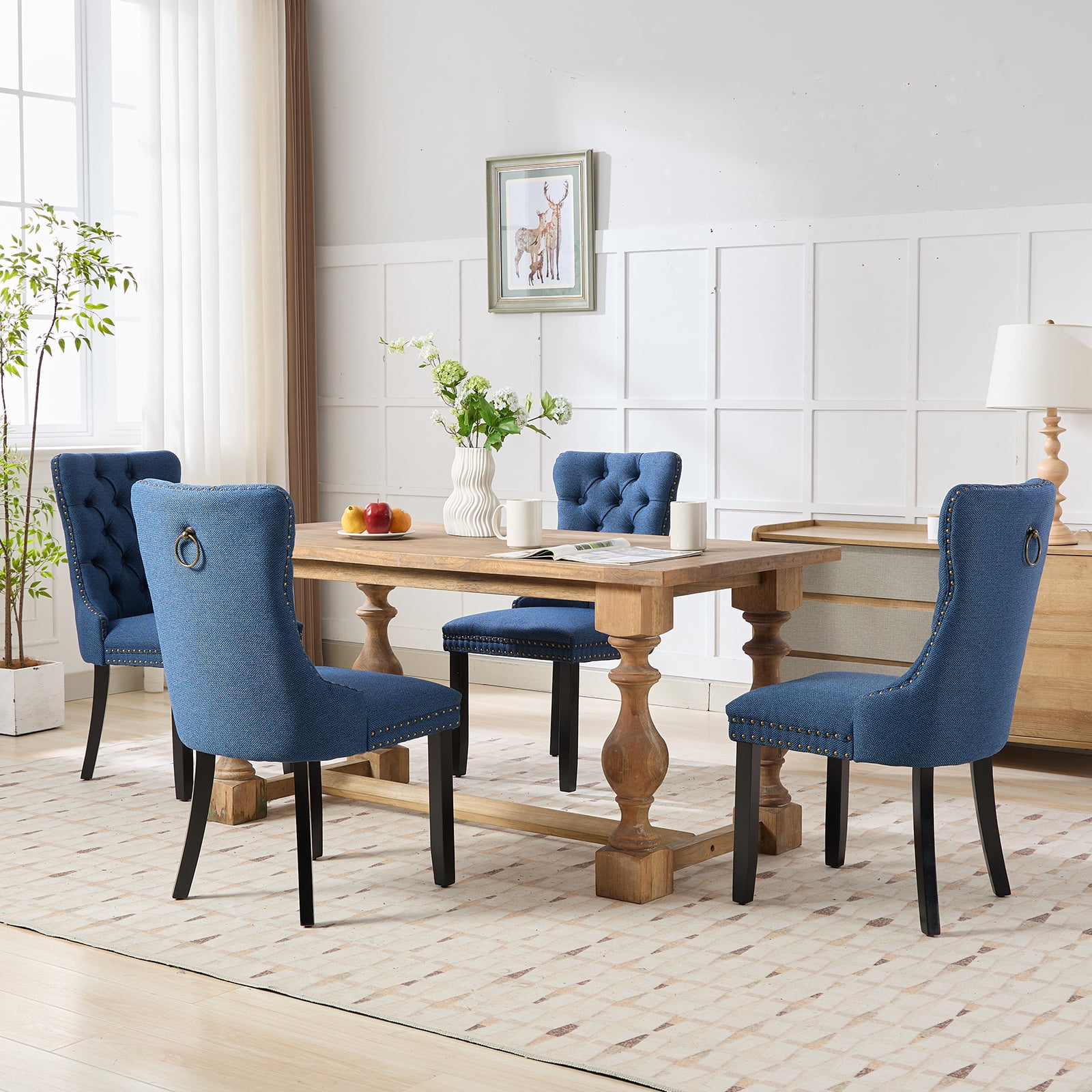 Linen Upholstered Dining Chairs Set of 6, Navy Mid Century Modern Dining Chairs, Kitchen & Dining Room Chairs with Wood Legs, Sillas de Comedor (Blue, 6 Pcs)