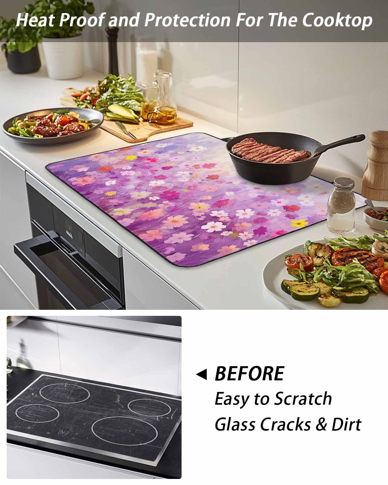Stove Top Covers for Electric Stove, Pink Spring Floral Glass Stovetop Cover Protector, Summer Daisy Botanical Oil Painting Induction Cooktop Protector Oven Mat for Kitchen Countertop 36"x21"