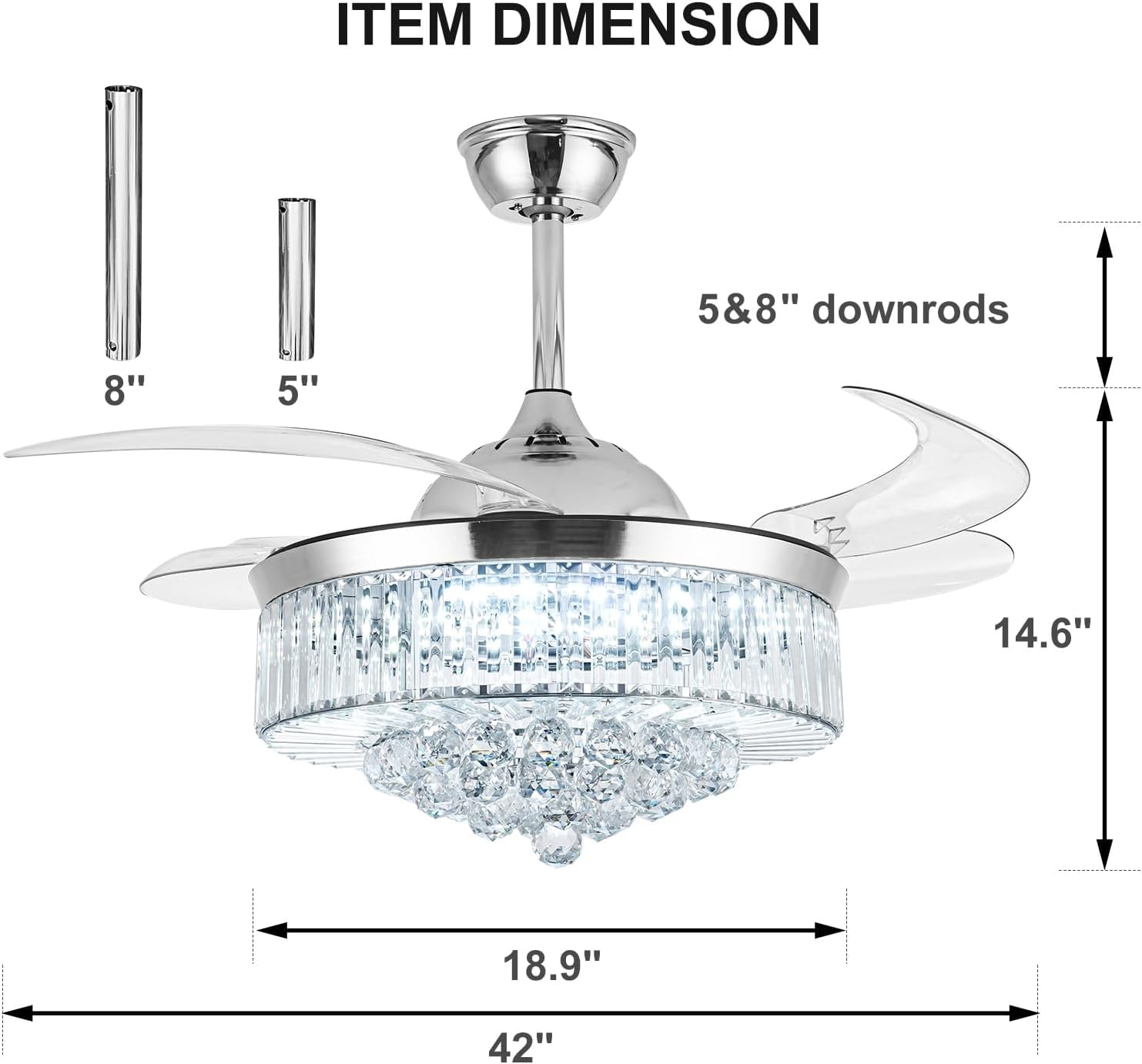 Sedeke 42'' Ceiling Fans with Light, Silver Retractable Crystal Chandelier Fan, Reversible, Remote Control, Dimmable Ceiling Light Kits for Dining Living Room Silver