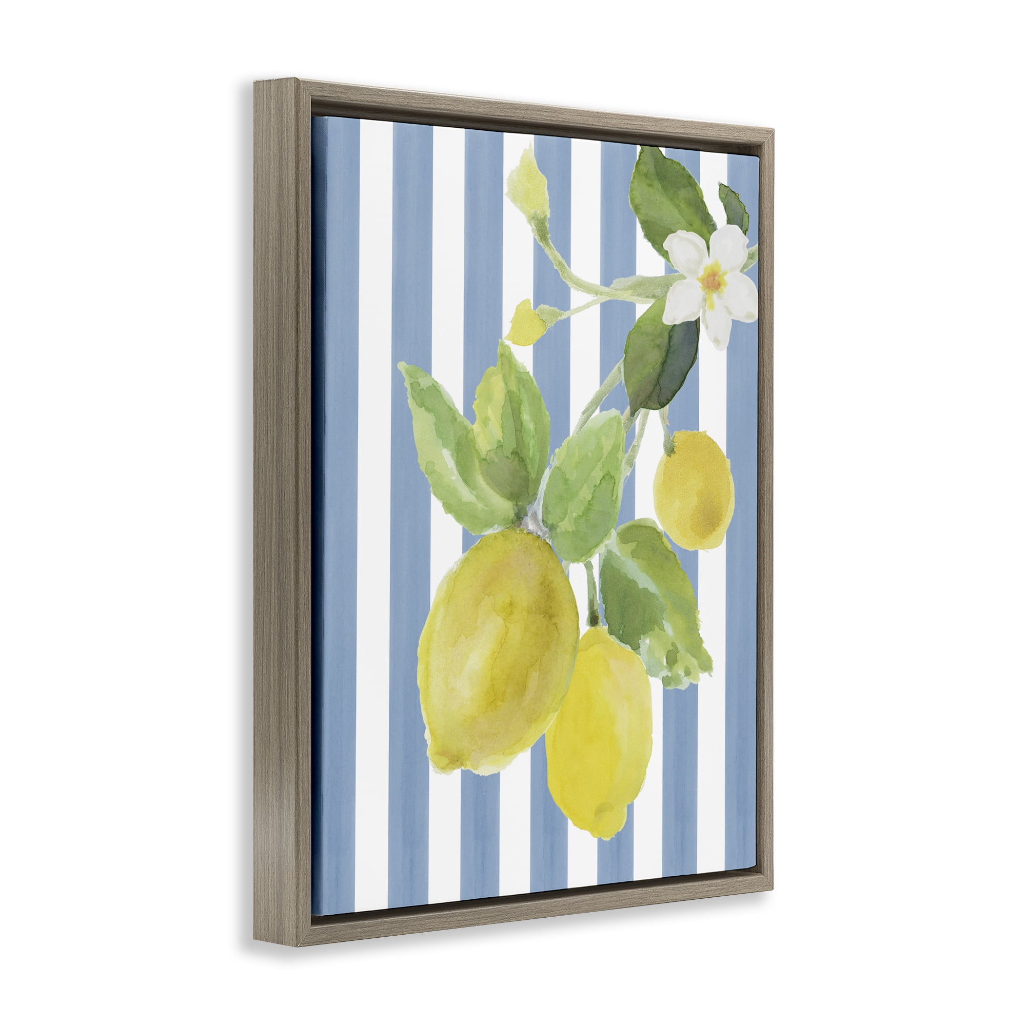 Stupell Industries Lemon Blossom on Blue Stripes Brown Framed Floater Canvas Wall Art, design by Lanie Loreth
