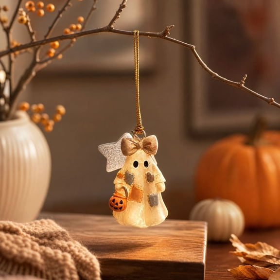 AURIGATE Halloween Ghost Hanging Ornament with Light, 1.77 in Cute Patchwork Pumpkin Decor for Home Party Holiday