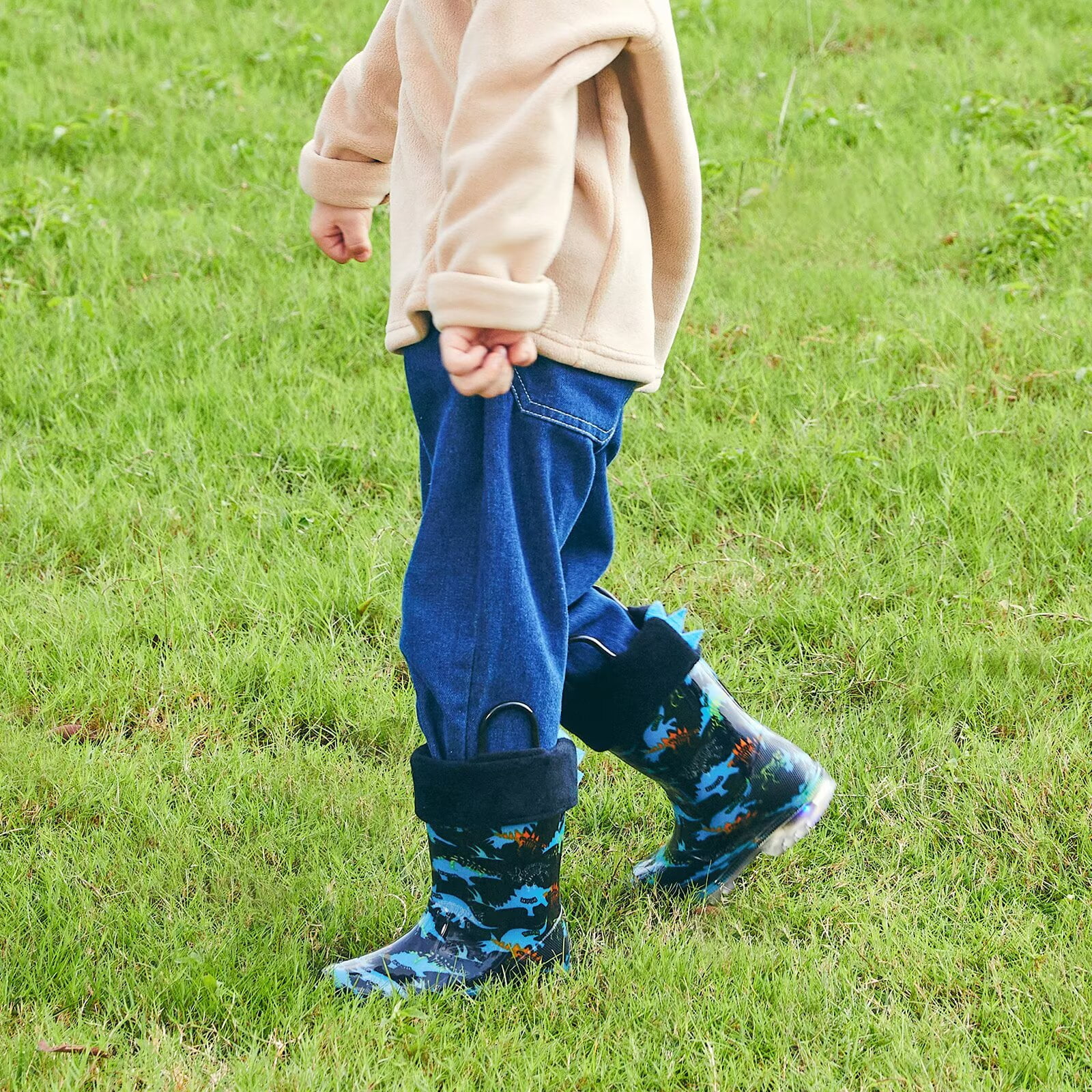 FUNCOO PLUS Boys Light Up Rain Boots Toddler Kids Warm Lined Winter Boots, Dinosaur, Big Kid Size 1